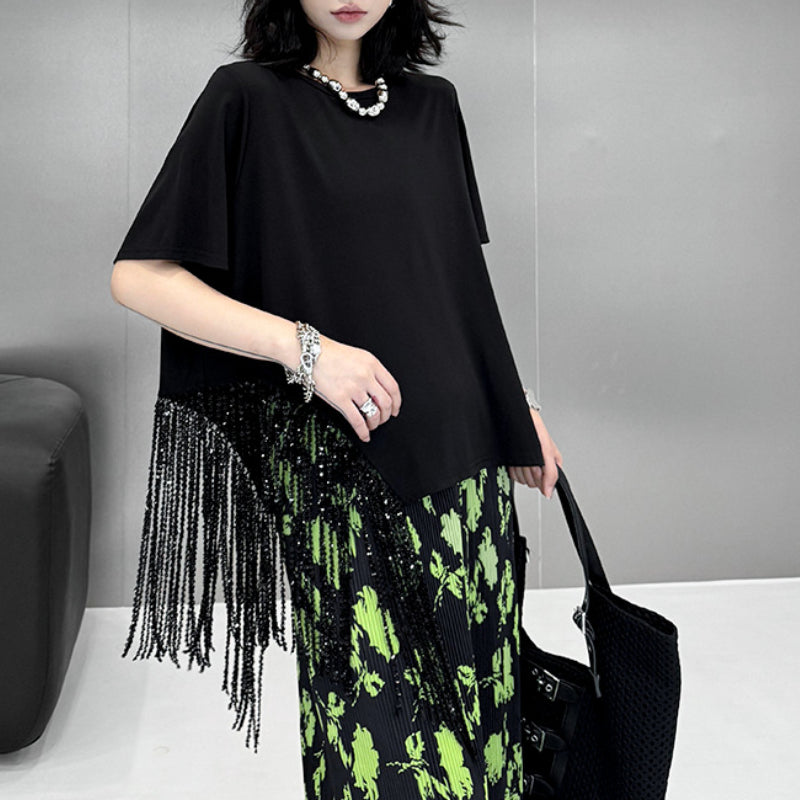 Heavy Tassel Round Neck Loose T-Shirt