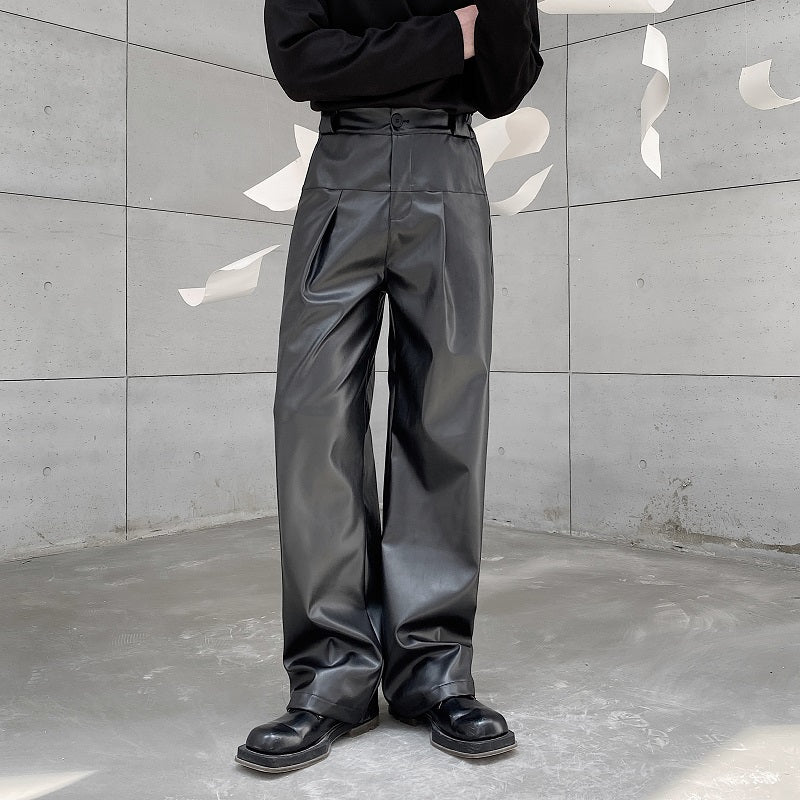 Solid Color Straight Loose PU Leather Pants