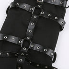 High Waist Frayed Jeans Leather Buckle Flared Pantyhose