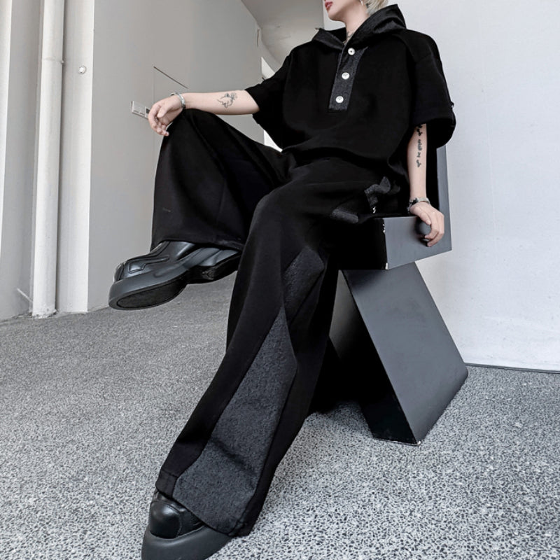American Casual Contrast Color Stitching Hooded Sweatshirt Wide Leg Trousers Two-piece Set