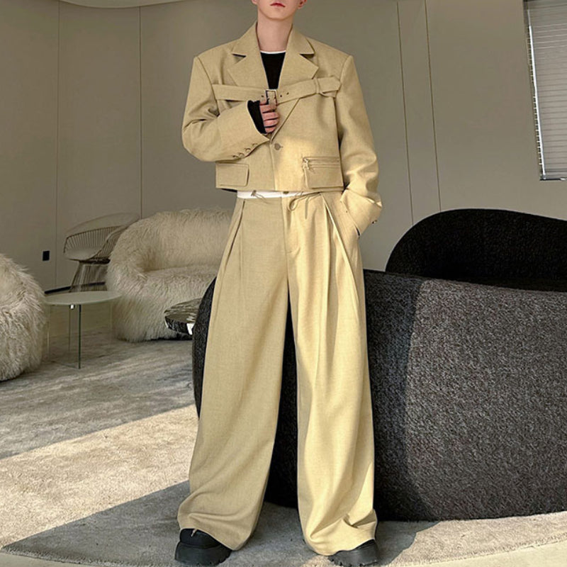 Deconstructed Lace-Up Cropped Blazer Contrast Leather Drawstring Wide-Leg Pants Two-Piece Set