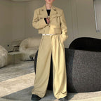 Deconstructed Lace-Up Cropped Blazer Contrast Leather Drawstring Wide-Leg Pants Two-Piece Set