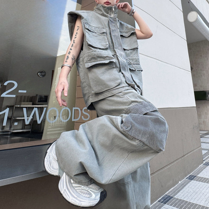 Japanese Retro Stand Collar Vest Wide Leg Loose Trousers Two-piece Set