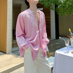 Heavy Embroidery V-neck Draped Ice Silk Shirt