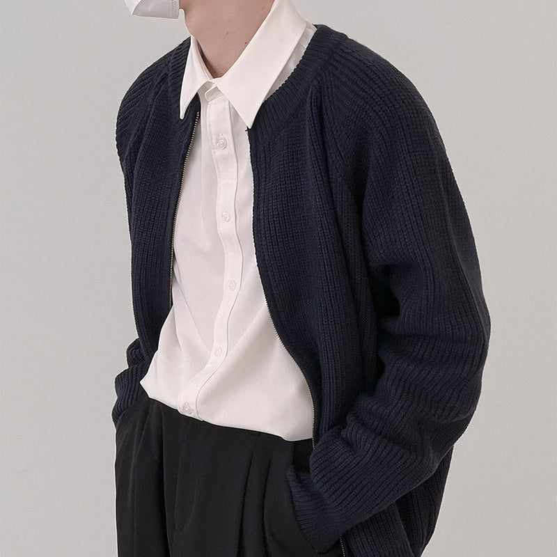 Solid Color Crew Neck Zip Cardigan