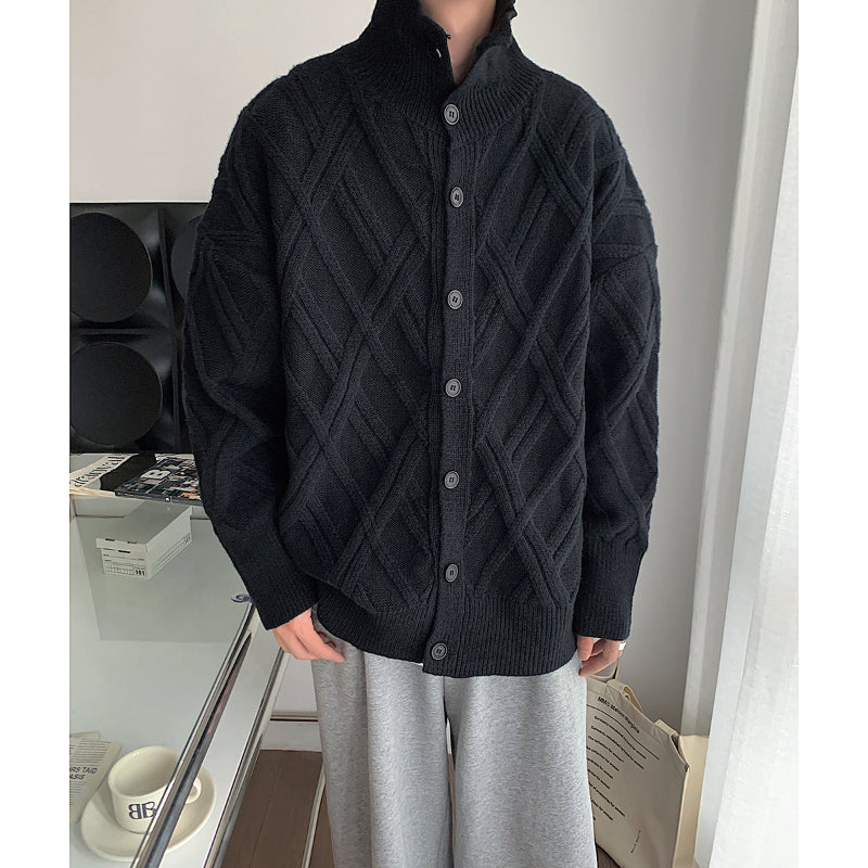 Retro Check Turtleneck Knitted Cardigan Jacket