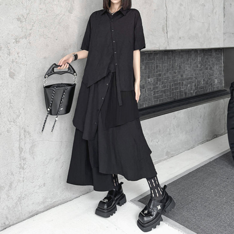 Irregular Loose Solid Color Shirt Elastic Waist Skirt