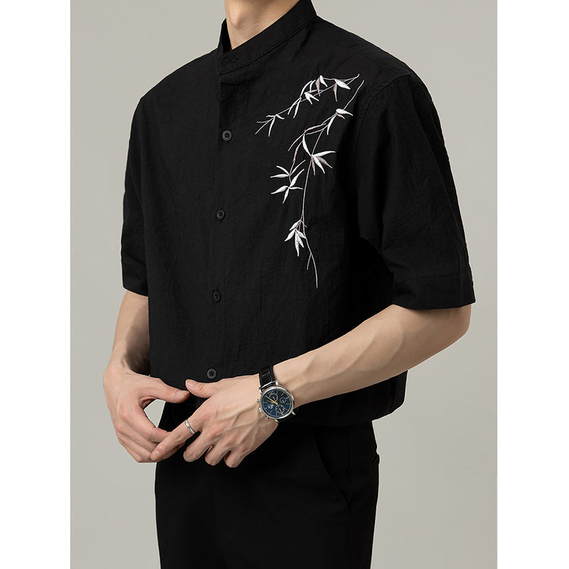Loose Stand Collar Embroidered Shirt