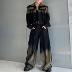 Distressed Raw Edge Gradient Washed Denim Jacket Wide Leg Pants Two Piece Set
