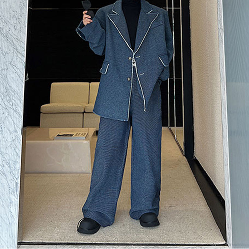 Shoulder-padded Raw-edge Denim Blazer Straight-leg Wide-leg Pants Two-piece Set