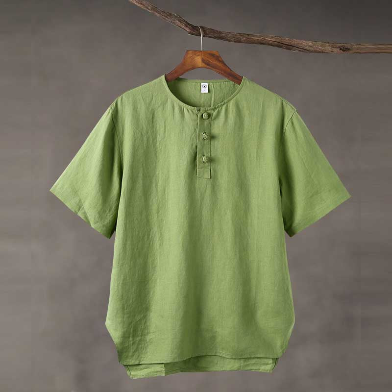 Linen Vintage Round Neck Button Down T-shirt