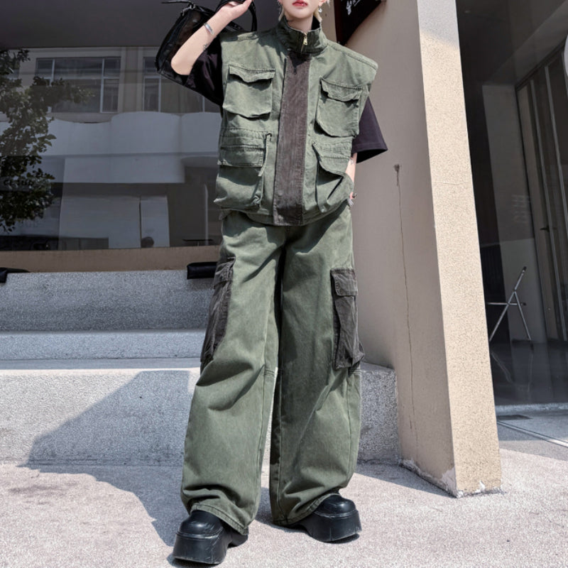 Japanese Retro Stand Collar Vest Wide Leg Loose Trousers Two-piece Set