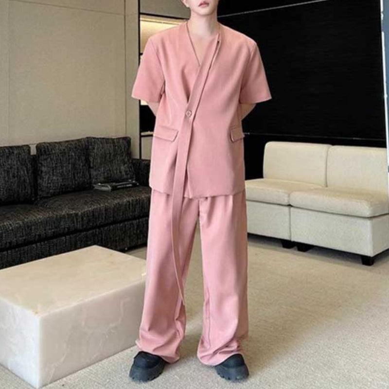 Collarless Ribbon Shoulder Pad Short Sleeve Suit Wide Leg Pants Two Piece Suit