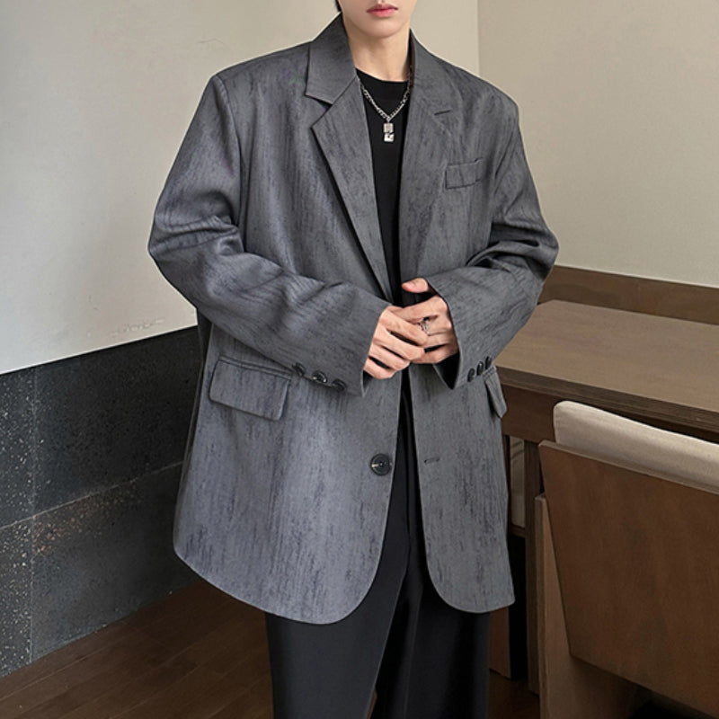 Distressed Textured Shoulder-padded Suit Jacket