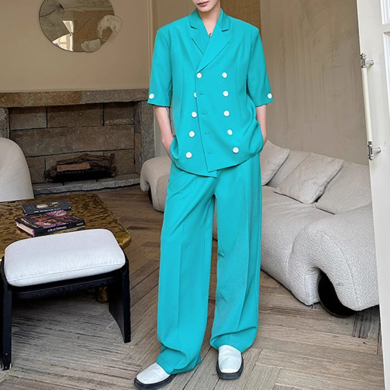 Double-breasted Three-quarter Sleeve Straight-leg Trousers Two-piece Suit