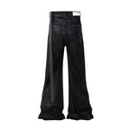 Dark Waxed Coated Ribbon Slightly Flared Mopping Stacked Denim Trousers
