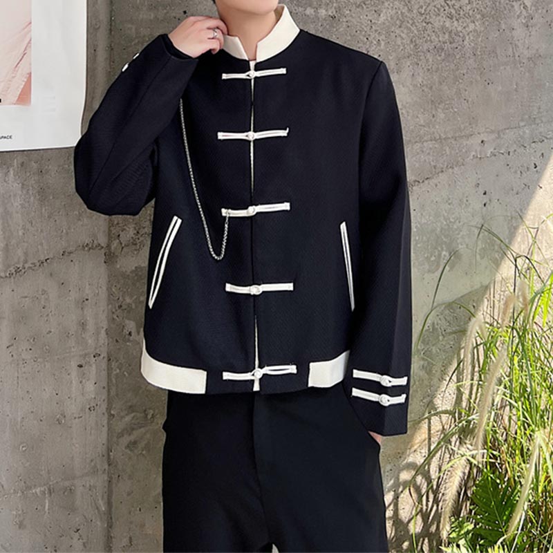 Contrast Color Vintage Buckle Stand Collar Jacket