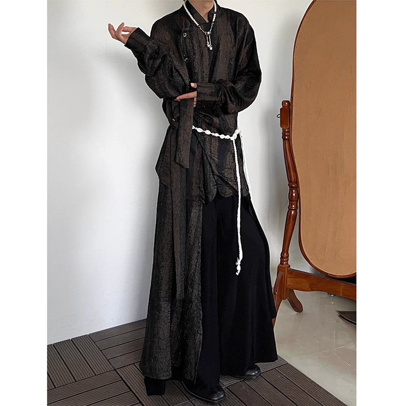 Vintage Tie-dye Ribbon Stand Collar Pleated Shirt