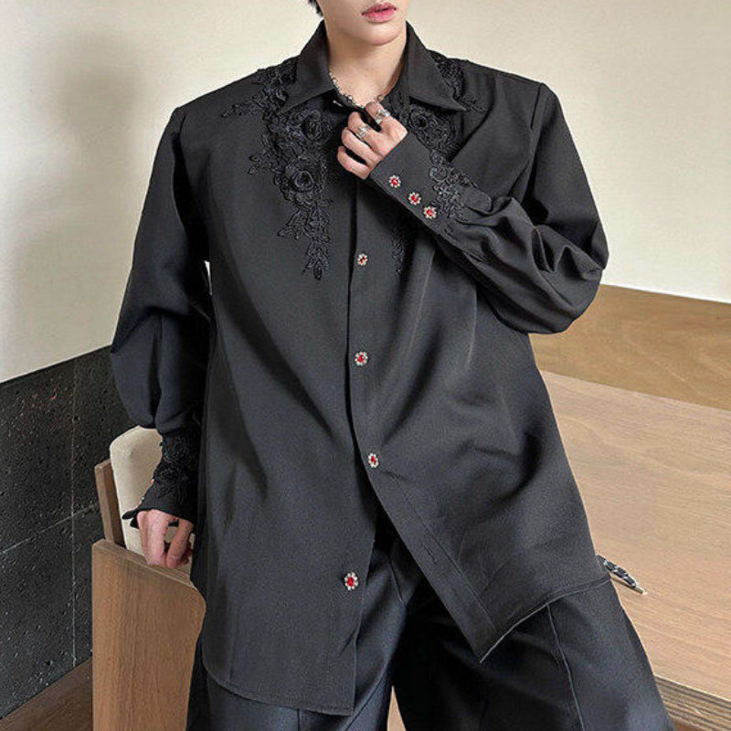 Silky 3D Lace Rose Gem Button Loose Shirt