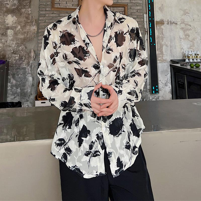 Floral Print Tulle Sheer Long Sleeve Shirt