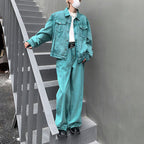 Vintage Washed Distressed Jacket Straight-leg Pants Denim Suit