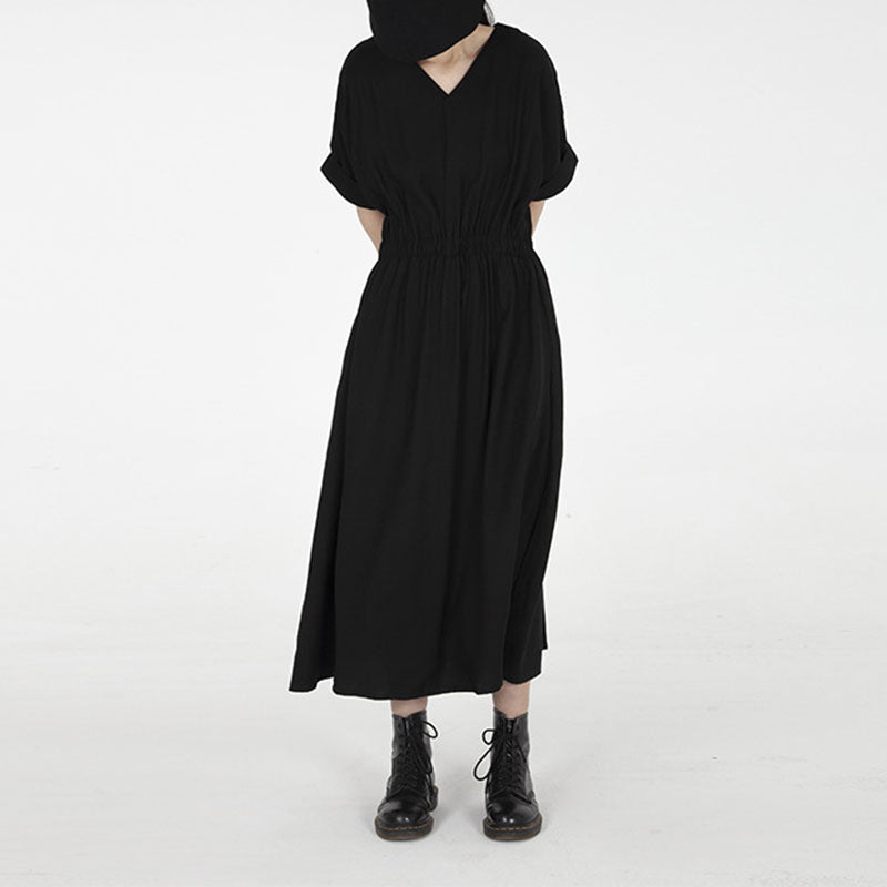 Solid Color V-Neck Short Sleeve Dress