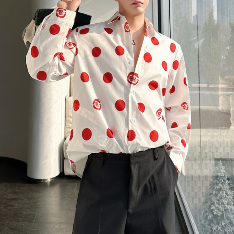 Polka Dot Print Draped Peak Collar Shirt