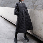 Retro Lantern Sleeve Rhombus Embossed Long Cotton Coat