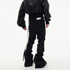 Dark Waxed Coated Ribbon Slightly Flared Mopping Stacked Denim Trousers
