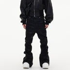 Dark Waxed Coated Ribbon Slightly Flared Mopping Stacked Denim Trousers