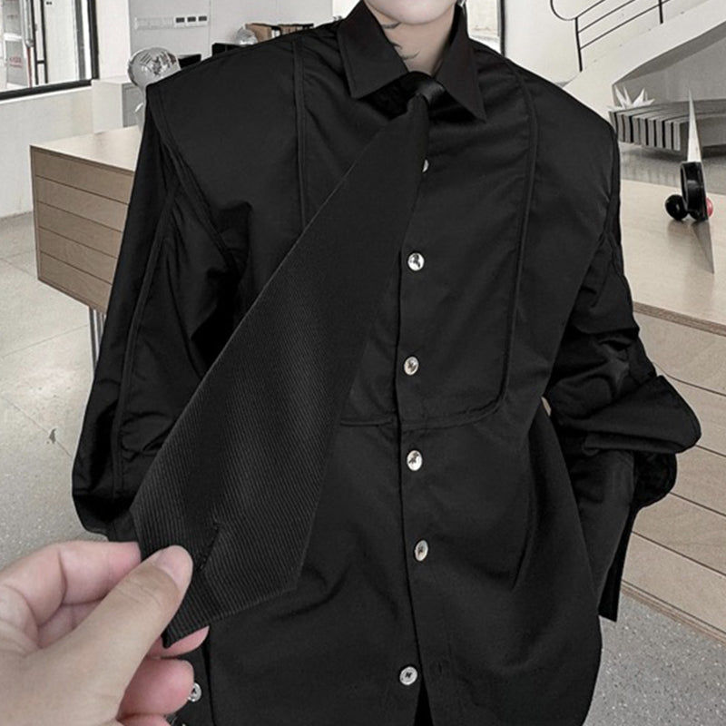 Tie-decorated Button-down Shoulder-padded Solid Color Shirt