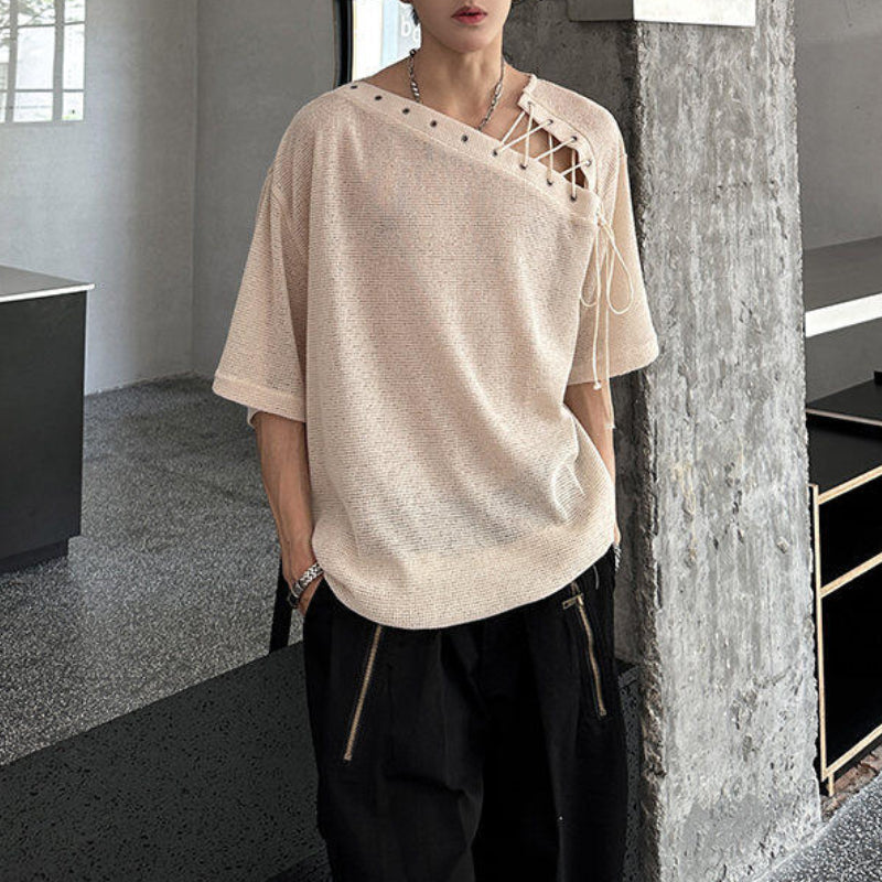 Retro Drawstring Hollow Irregular T-shirt