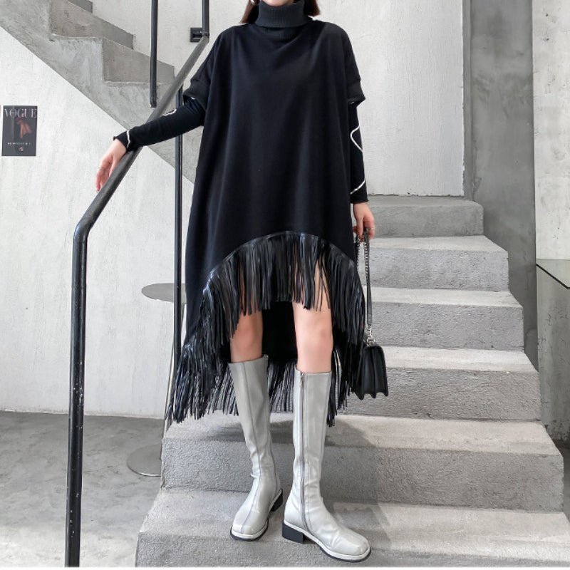 Retro Turtleneck Tassel Loose Dress