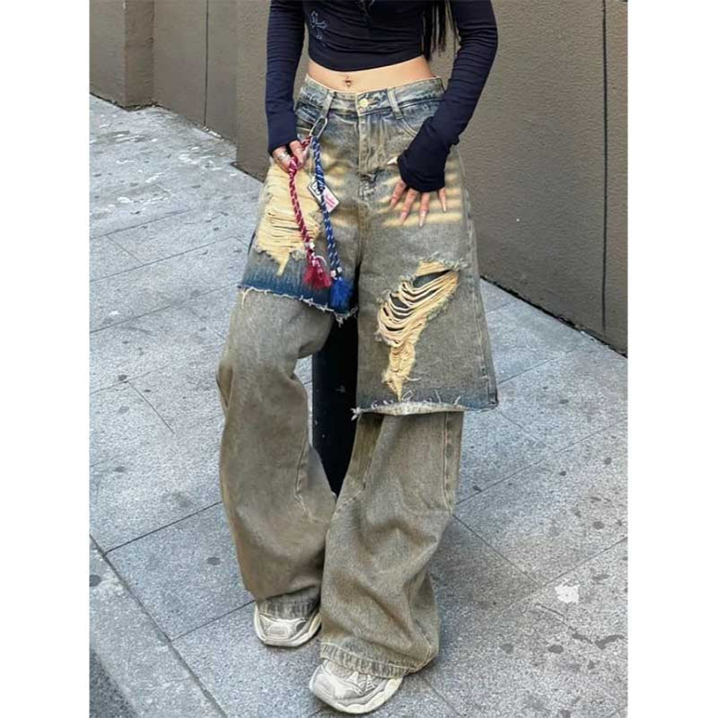 Ripped Fake Two-piece Denim Loose Drape Trousers