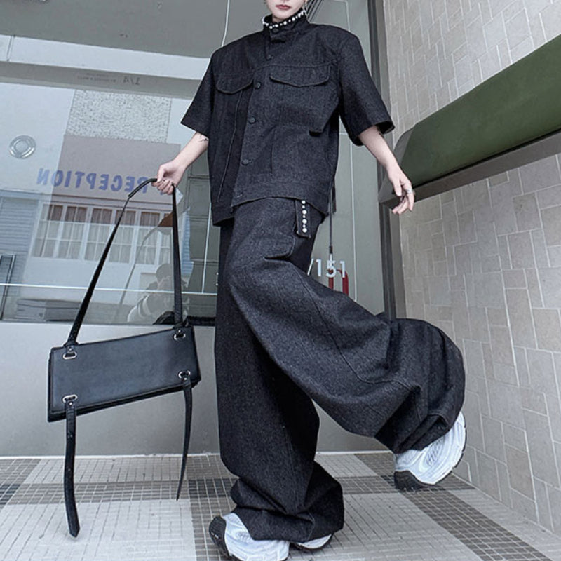 Stand Collar Beaded Denim Shoulder Pad Short Sleeve Wide Leg Trousers Two Piece Set