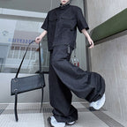 Stand Collar Beaded Denim Shoulder Pad Short Sleeve Wide Leg Trousers Two Piece Set