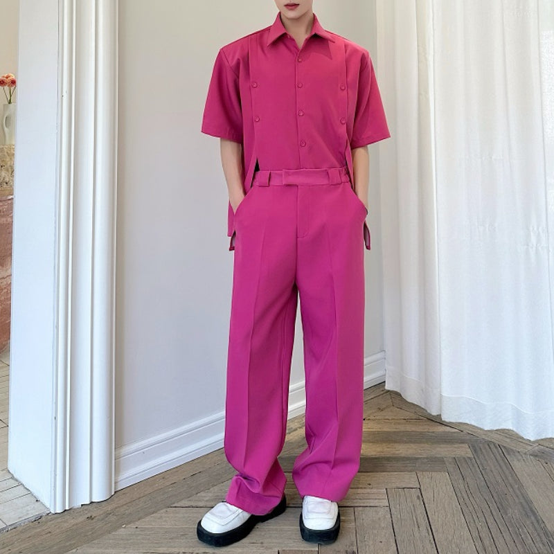 Slit Buttoned Shoulder Pad Shirt Wide Leg Trousers Two-Piece Set