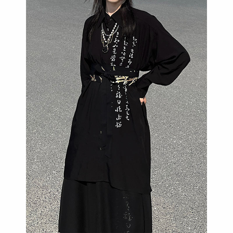 Asymmetric Hem Calligraphy Print Oversized Shirt