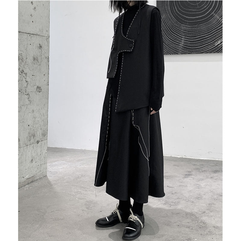 Irregular Pleated Topstitched A-Line Midi Skirt