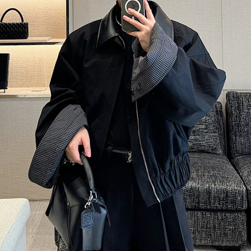 Leather Collar Contrast Plaid Oversized Turned-sleeve Cotton Jacket