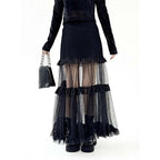 French Denim Patchwork Mesh Skirt