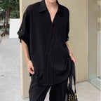 Pleated V-neck Loose Shirt with Three-quarter Sleeves