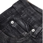 Dark Waxed Coated Ribbon Slightly Flared Mopping Stacked Denim Trousers