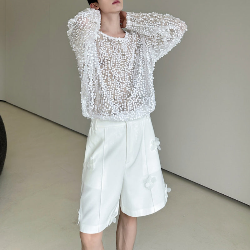 Hollow Sequin Mesh Pullover T-shirt