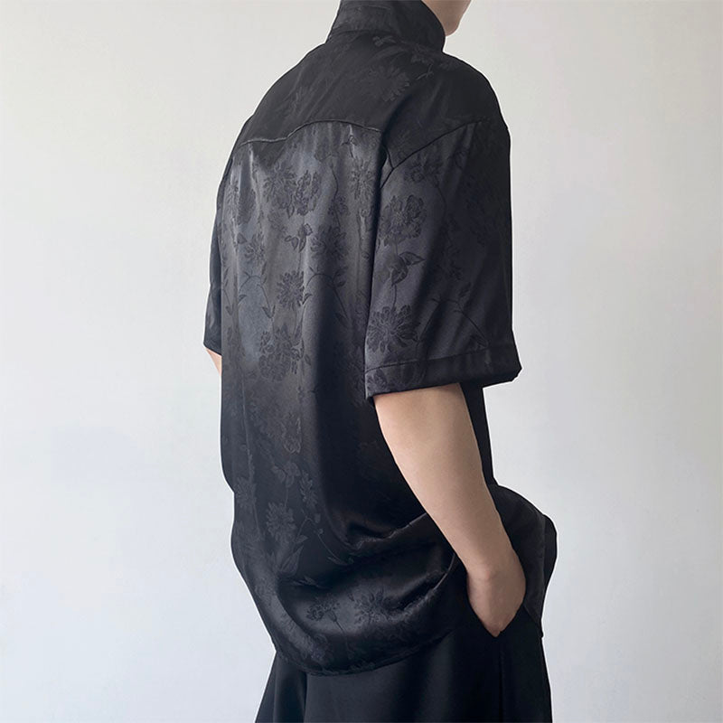 Vintage Jacquard Stand Collar Short Sleeve Shirt
