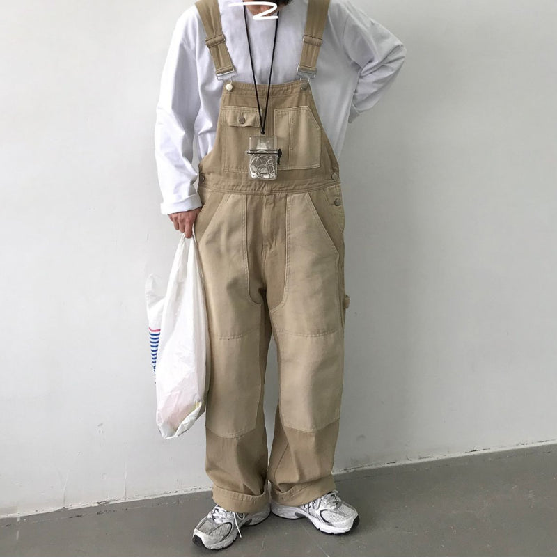 Retro Workwear Colorblock Denim Overalls