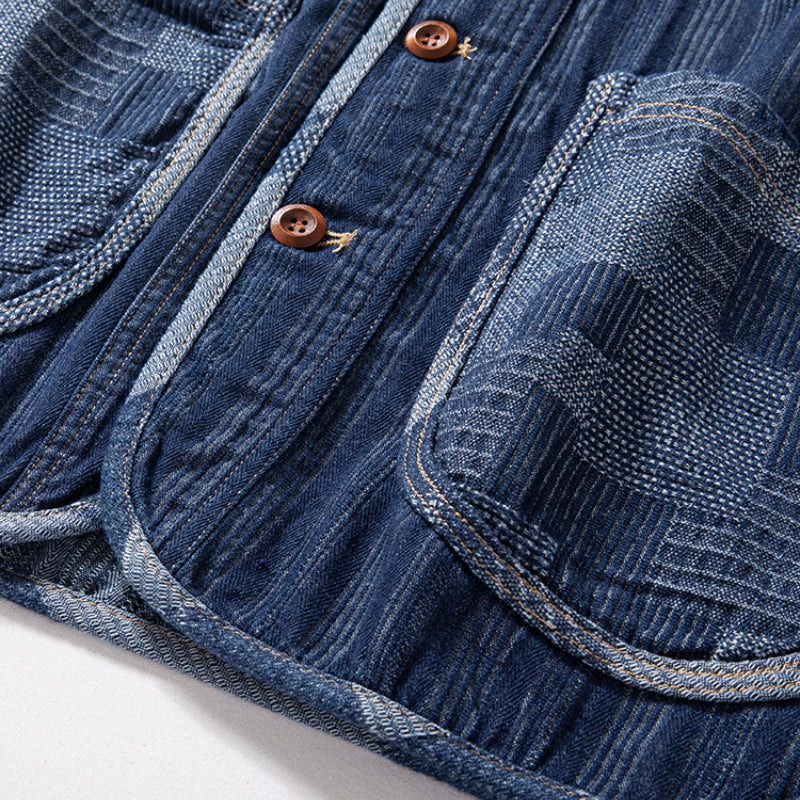 Denim Japanese Style Multi-pocket Patchwork Contrast Color Vest
