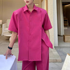 Slit Buttoned Shoulder Pad Shirt Wide Leg Trousers Two-Piece Set