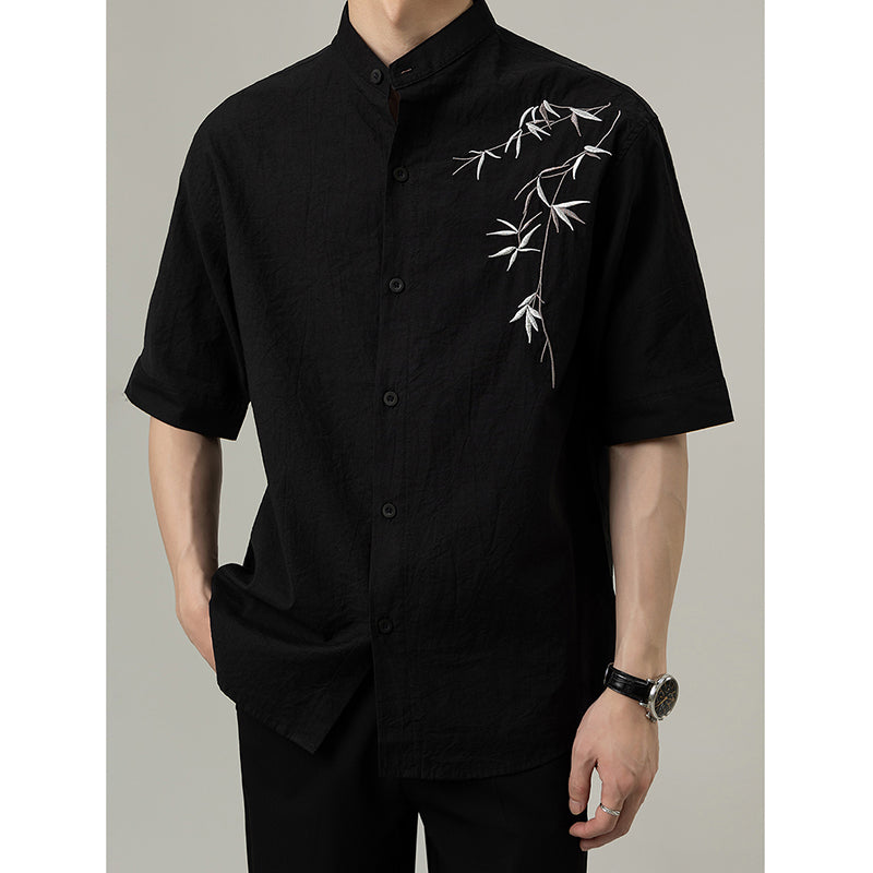 Loose Stand Collar Embroidered Shirt