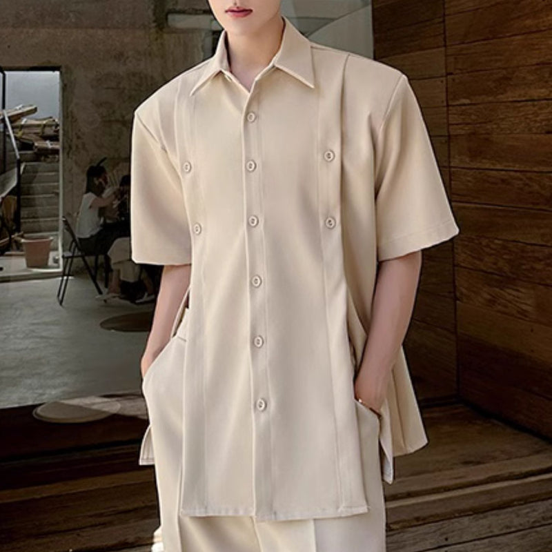 Slit Buttoned Shoulder Pad Shirt Wide Leg Trousers Two-Piece Set